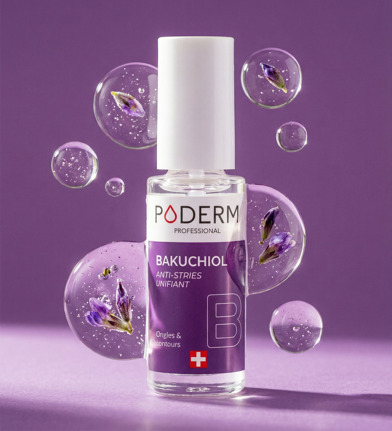 Sérum concentré bakuchiol Poderm anti-stries unifiant avec pétales violets sur fond violet