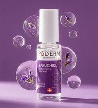 Sérum concentré bakuchiol Poderm anti-stries unifiant avec pétales violets sur fond violet