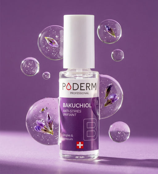 Sérum concentré bakuchiol Poderm anti-stries unifiant avec pétales violets sur fond violet