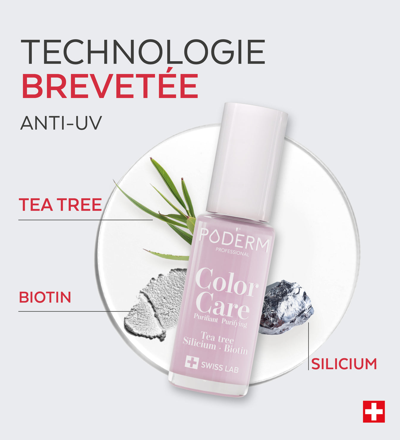 Technologie brevetée anti-UV du vernis Color Care Poderm tea tree biotine silicium
