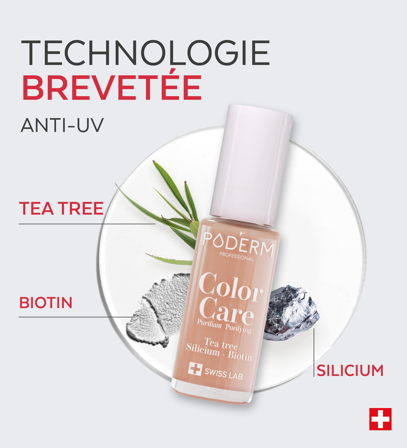 Technologie brevetée anti-UV du vernis Color Care Poderm tea tree biotine silicium