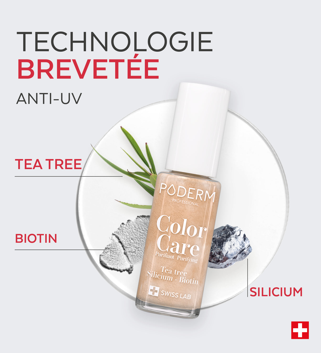 Technologie brevetée anti-UV du vernis Color Care Poderm tea tree biotine silicium