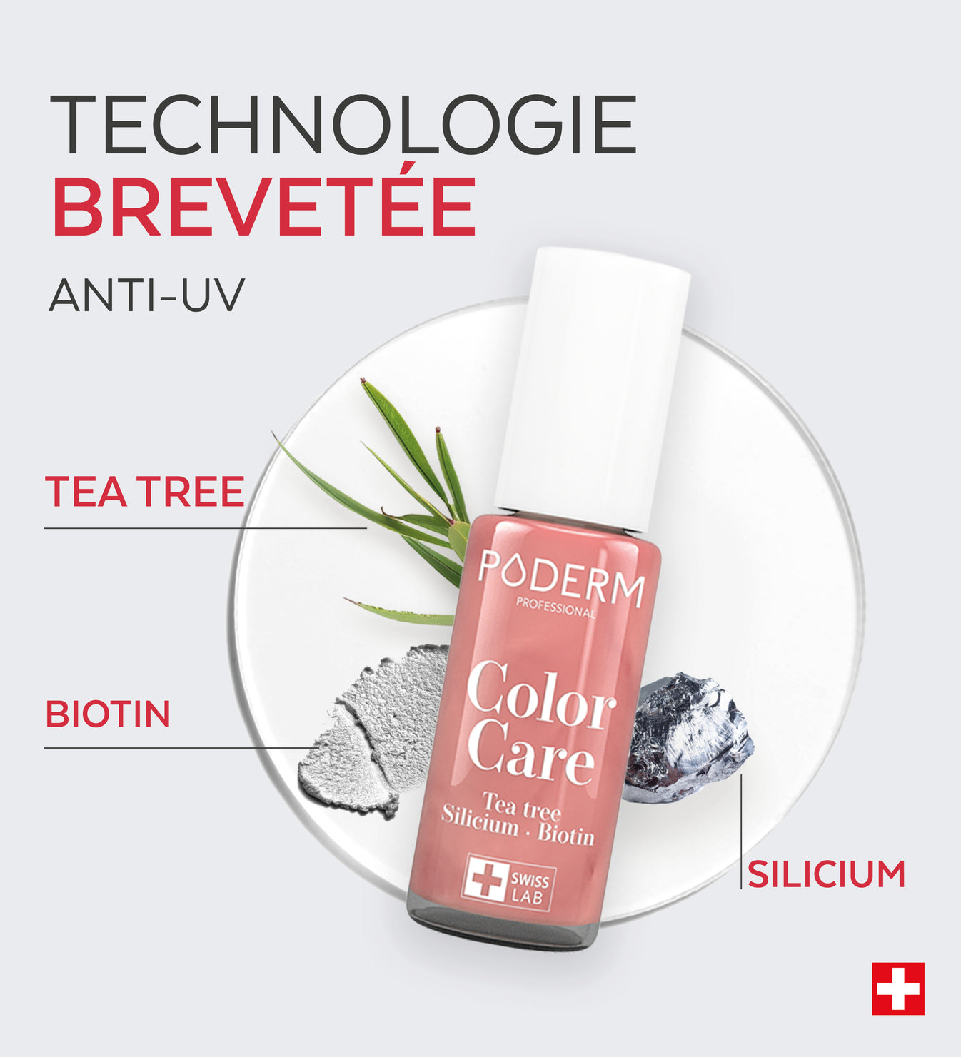 Technologie brevetée anti-UV du vernis Color Care Poderm tea tree biotine silicium