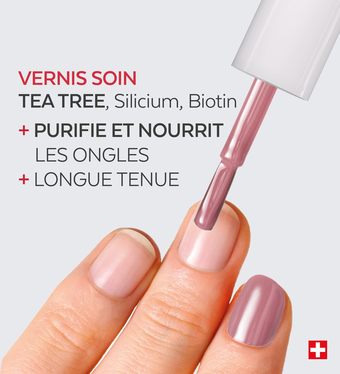 Application du vernis soin Color Care Poderm tea tree silicium biotine
