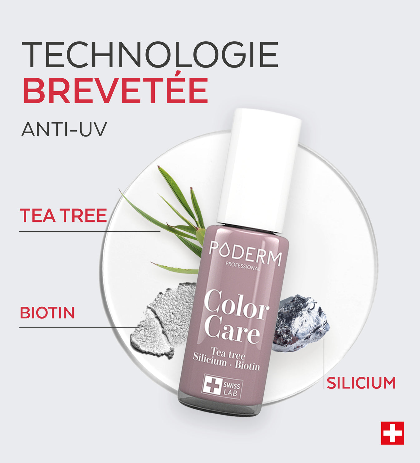 Technologie brevetée anti-UV du vernis Color Care Poderm tea tree biotine silicium