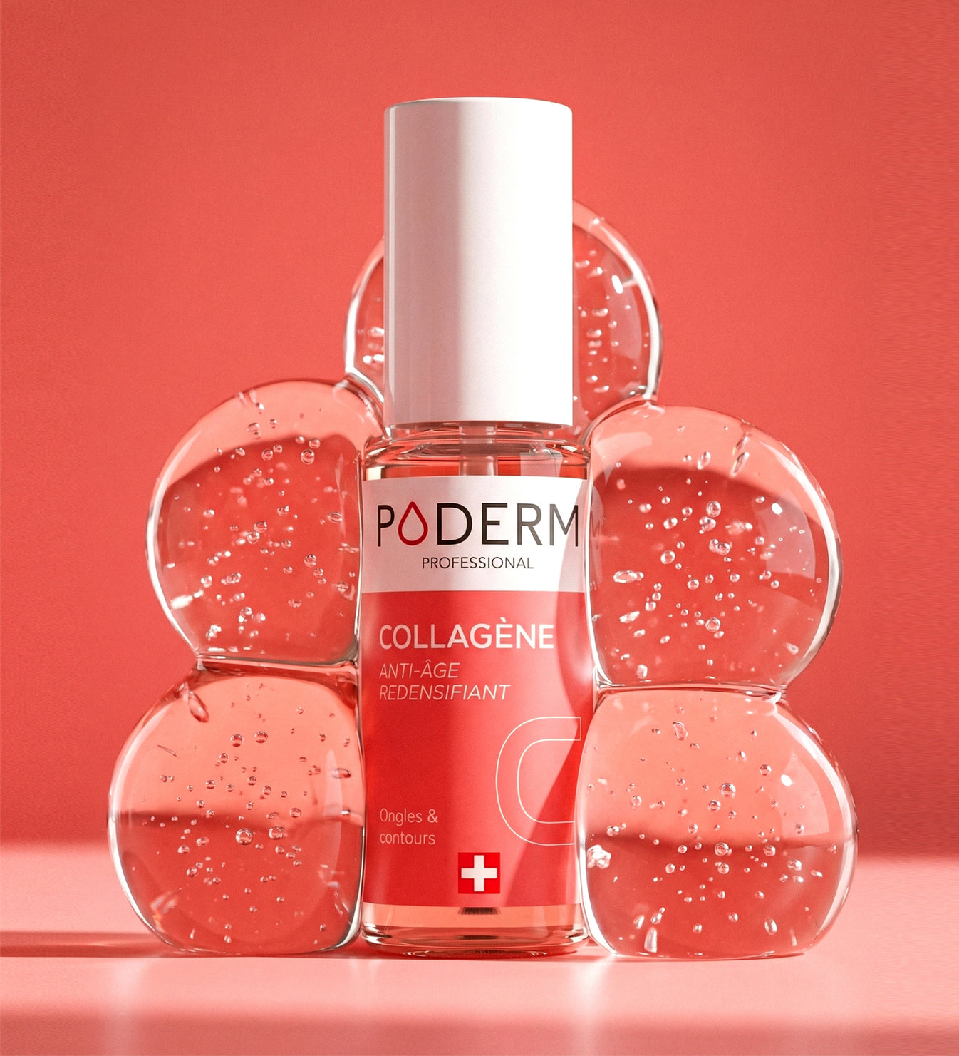 Sérum concentré collagène Poderm anti-âge redensifiant avec bulles roses sur fond corail