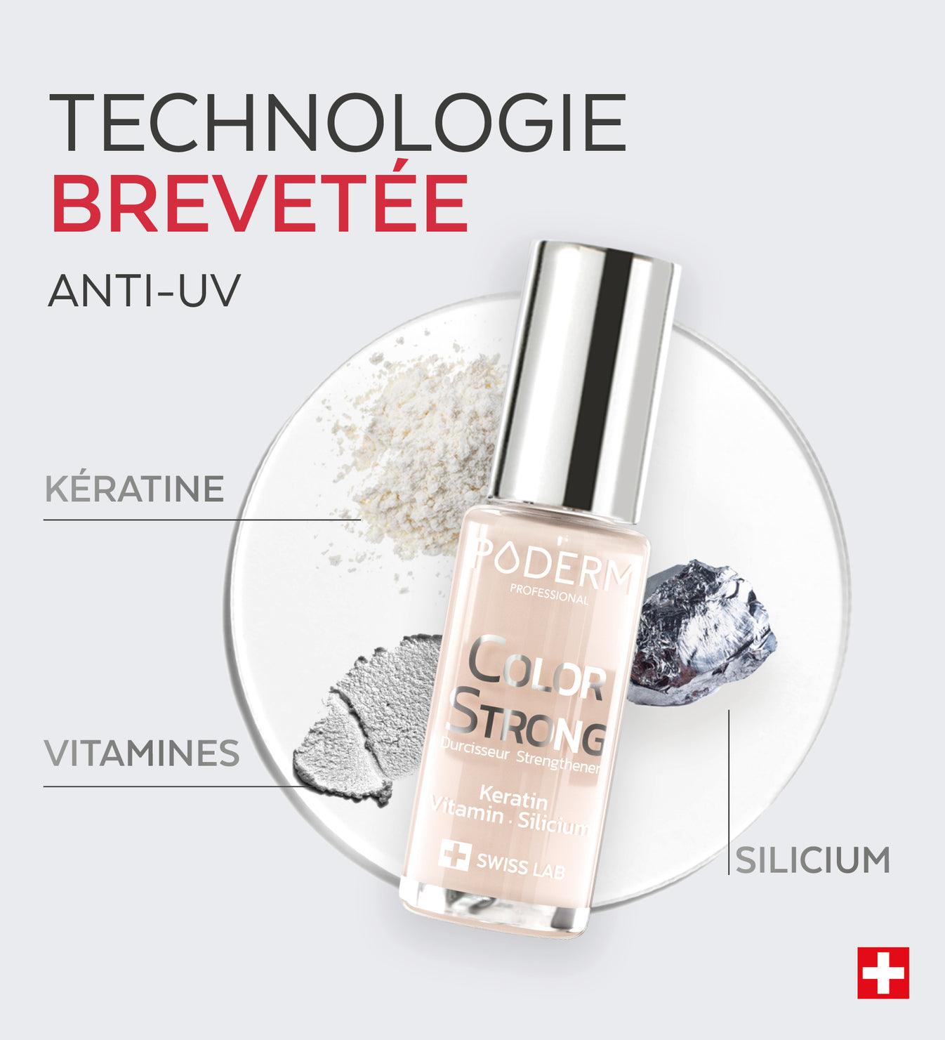 Technologie brevetée anti-UV du vernis Color Strong Poderm kératine vitamines silicium