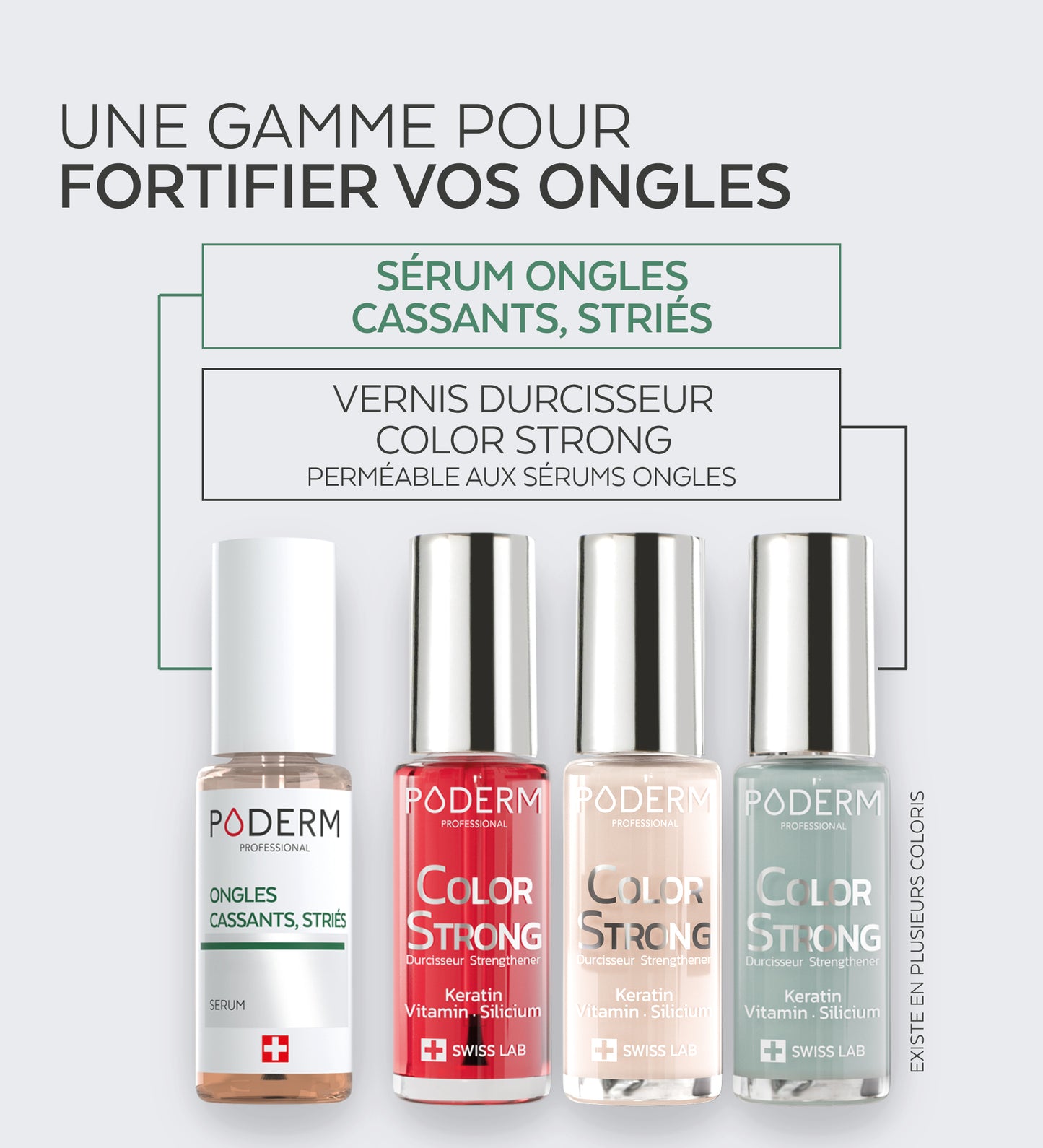 Gamme Color Strong Poderm pour fortifier les ongles sérum et vernis