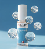 Sérum concentré D-panthénol Poderm pousse et croissance avec bulles bleues sur fond bleu