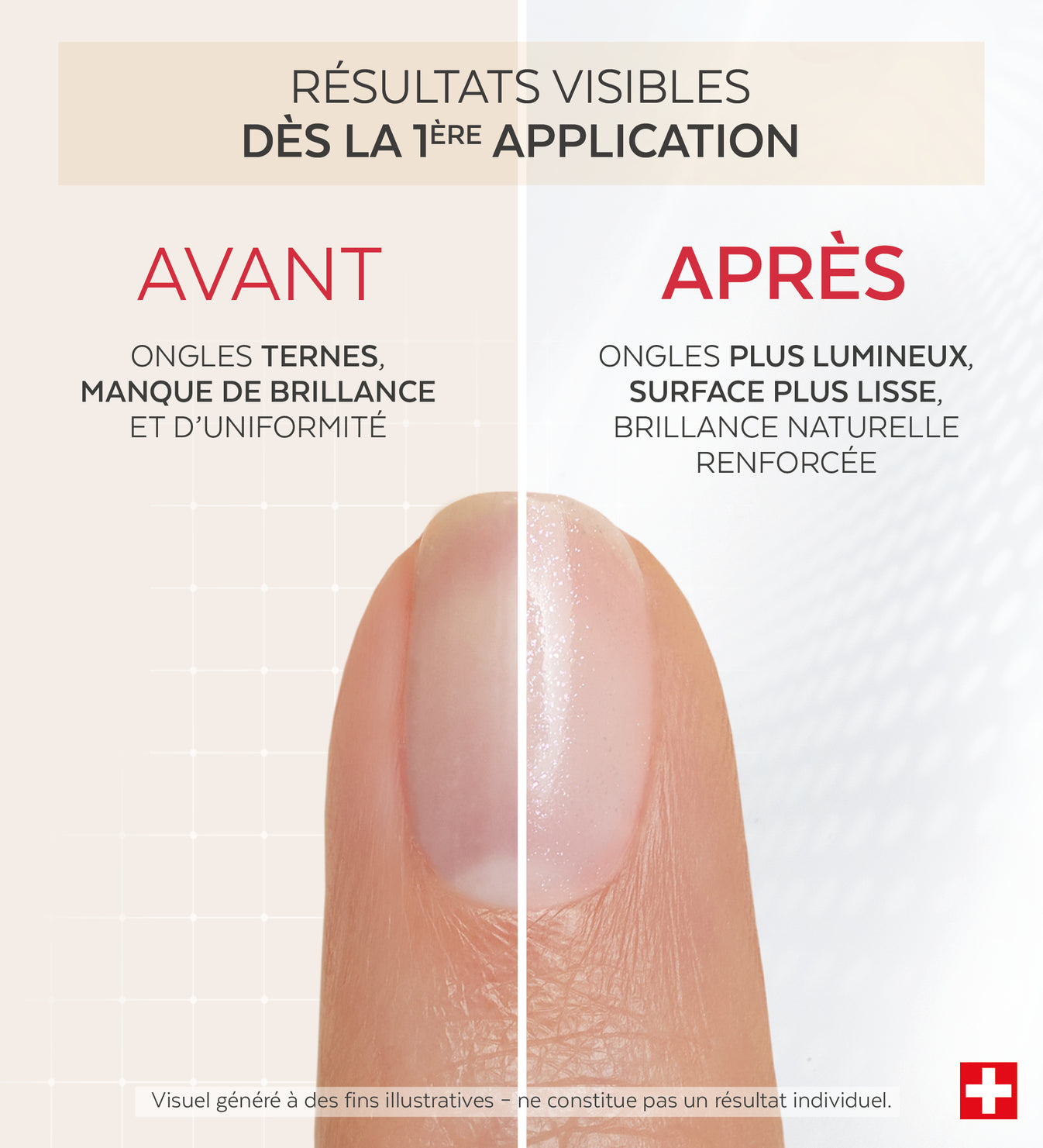 Résultats avant après du vernis Nail Corrector illuminateur minéral Poderm dès la 1ère application