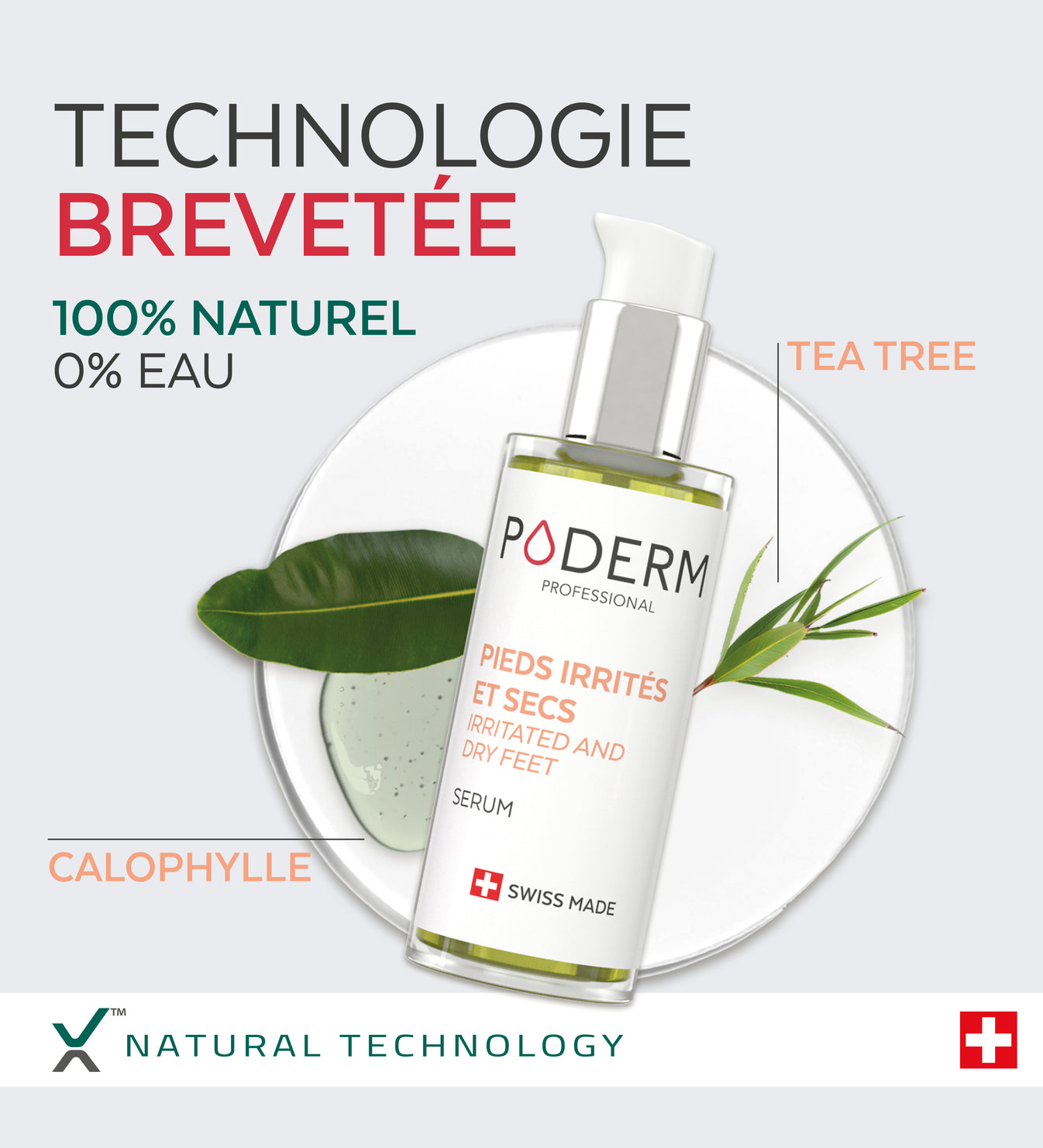 Technologie brevetée du sérum pieds irrités Poderm 100% naturel