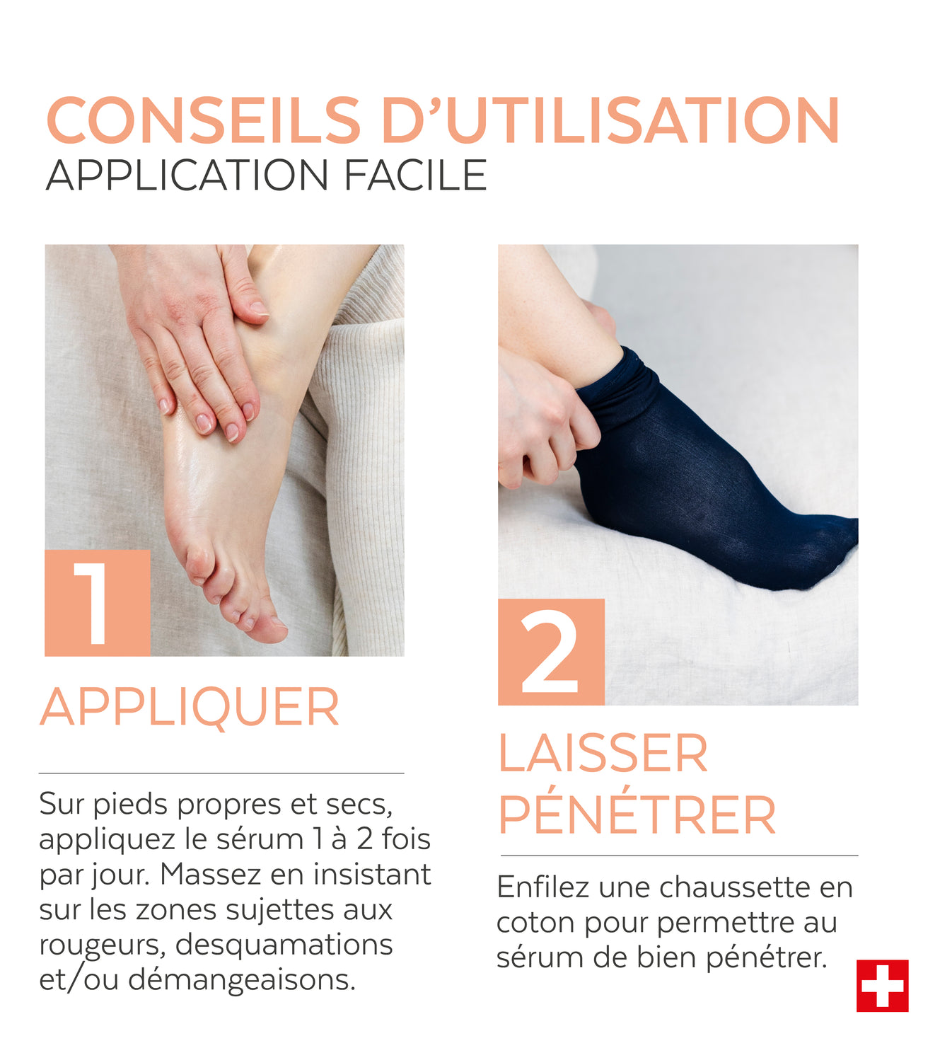 Mode d'emploi du sérum pieds irrités Poderm massage quotidien