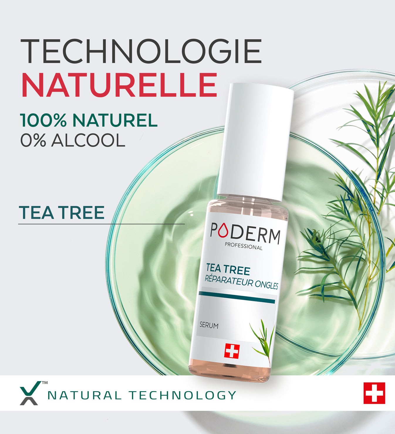Mode d'emploi du sérum réparateur tea tree ongles Poderm application 2 fois par jour